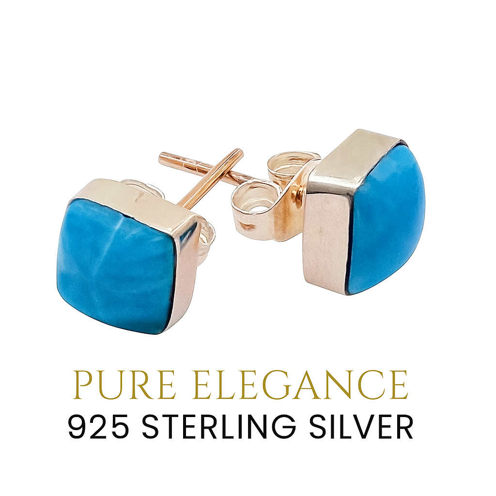 Larimar Stud Earrings in 925 Sterling Silver - Handmade in the Dominican Republic