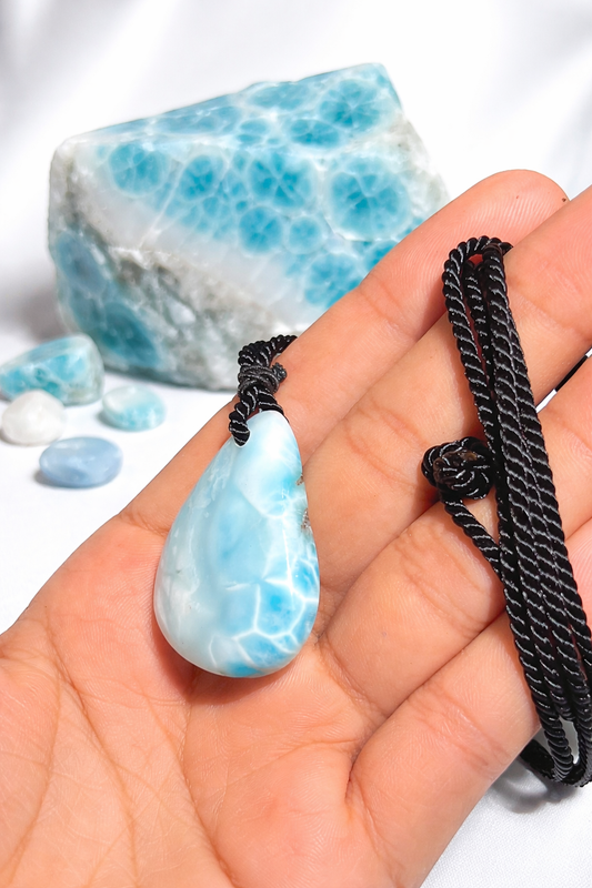 Larimar Stone Necklace – Dominican Blue Gemstone, Adjustable Rope for Men & Women
