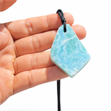 AAA Larimar Slab Necklace, Dominican Blue Crystal, Adjustable Black Cord for men & women