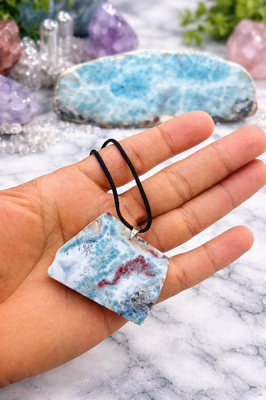 AAA Larimar Slab Pendant Necklace – Genuine Dominican Blue Crystal Slab Stone for men & women