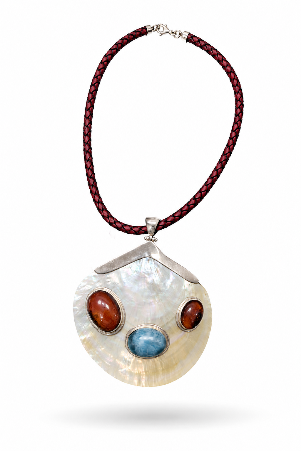 Larimar Shell Necklace With Dominican Amber, 925 Sterling Silver Statement Pendant | Handmade Luxury Jewelry Gift for Women