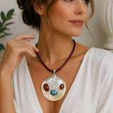 Larimar Shell Necklace With Dominican Amber, 925 Sterling Silver Statement Pendant | Handmade Luxury Jewelry Gift for Women