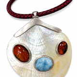 Larimar Shell Necklace With Dominican Amber, 925 Sterling Silver Statement Pendant | Handmade Luxury Jewelry Gift for Women