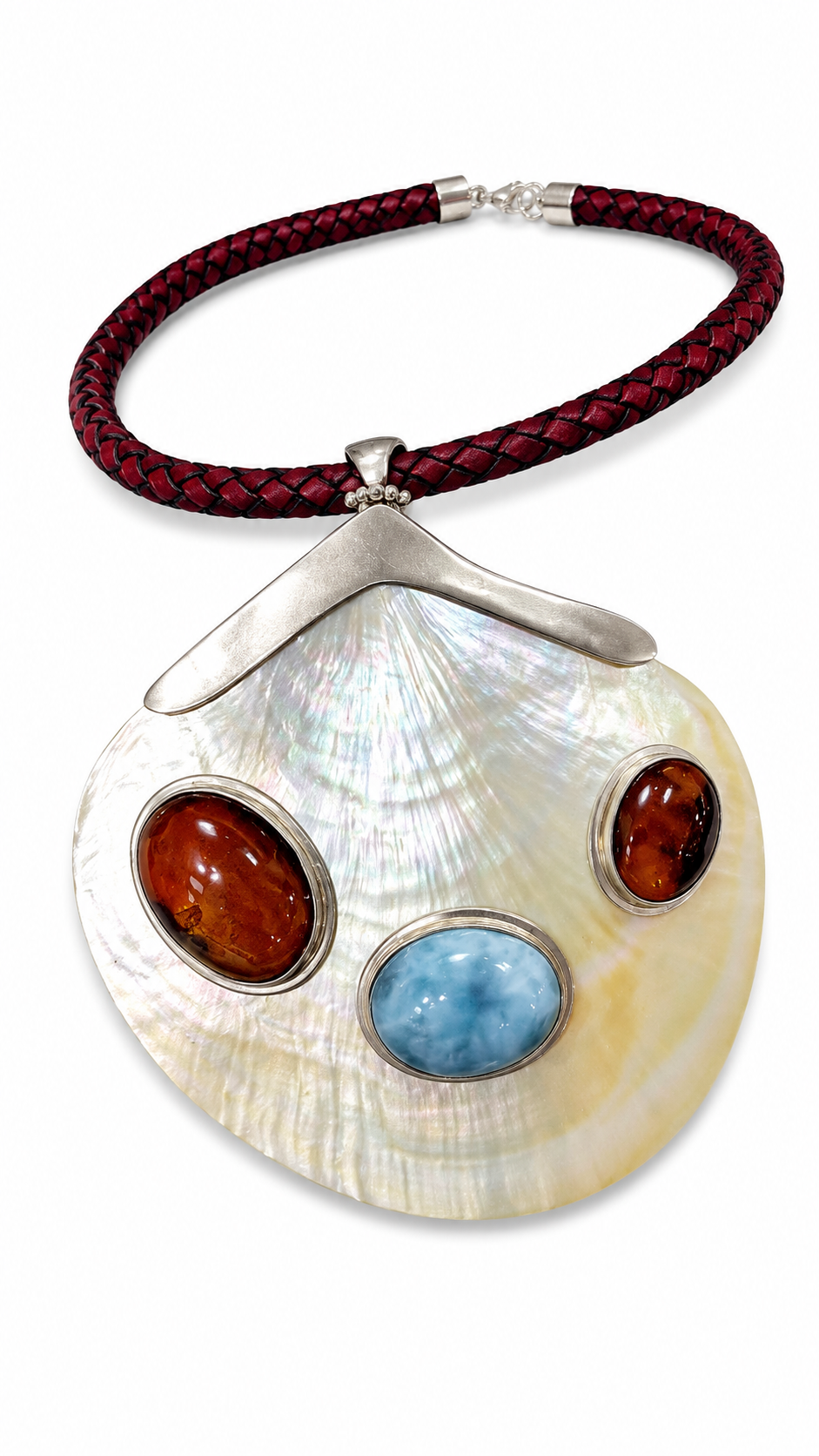 Larimar Shell Necklace With Dominican Amber, 925 Sterling Silver Statement Pendant | Handmade Luxury Jewelry Gift for Women