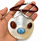 Larimar Shell Necklace With Dominican Amber, 925 Sterling Silver Statement Pendant | Handmade Luxury Jewelry Gift for Women