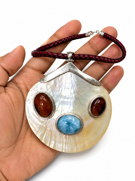 Larimar Shell Necklace With Dominican Amber, 925 Sterling Silver Statement Pendant | Handmade Luxury Jewelry Gift for Women