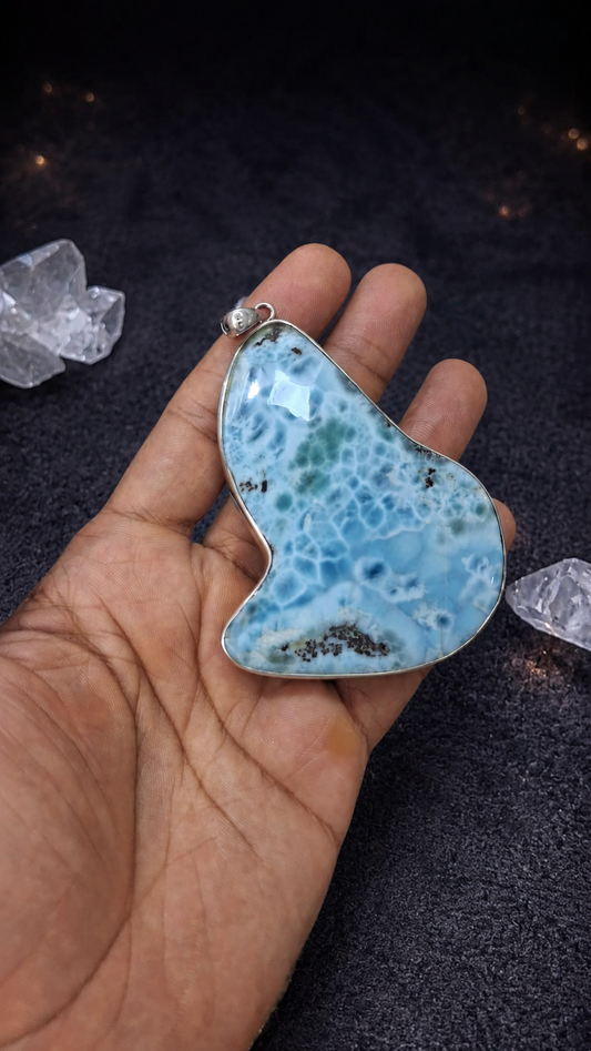 Stunning Larimar Silver Pendant Necklace – AAA Genuine Dominican Blue Crystal Slab Stone for Men & Women