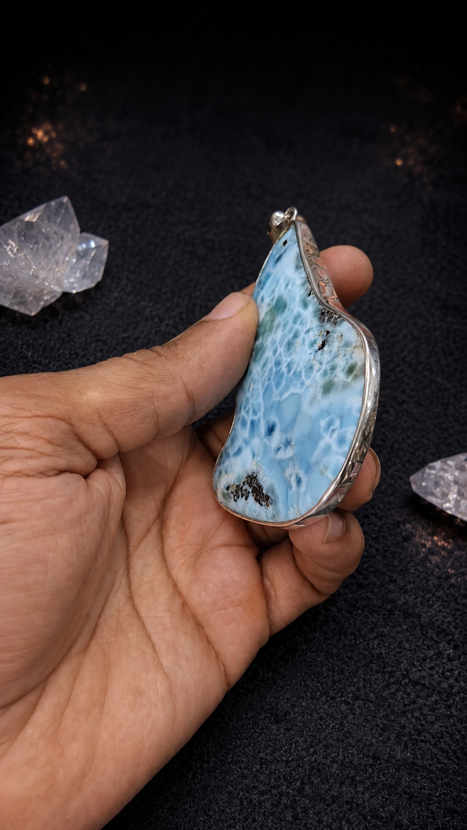Stunning Larimar Silver Pendant Necklace – AAA Genuine Dominican Blue Crystal Slab Stone for Men & Women