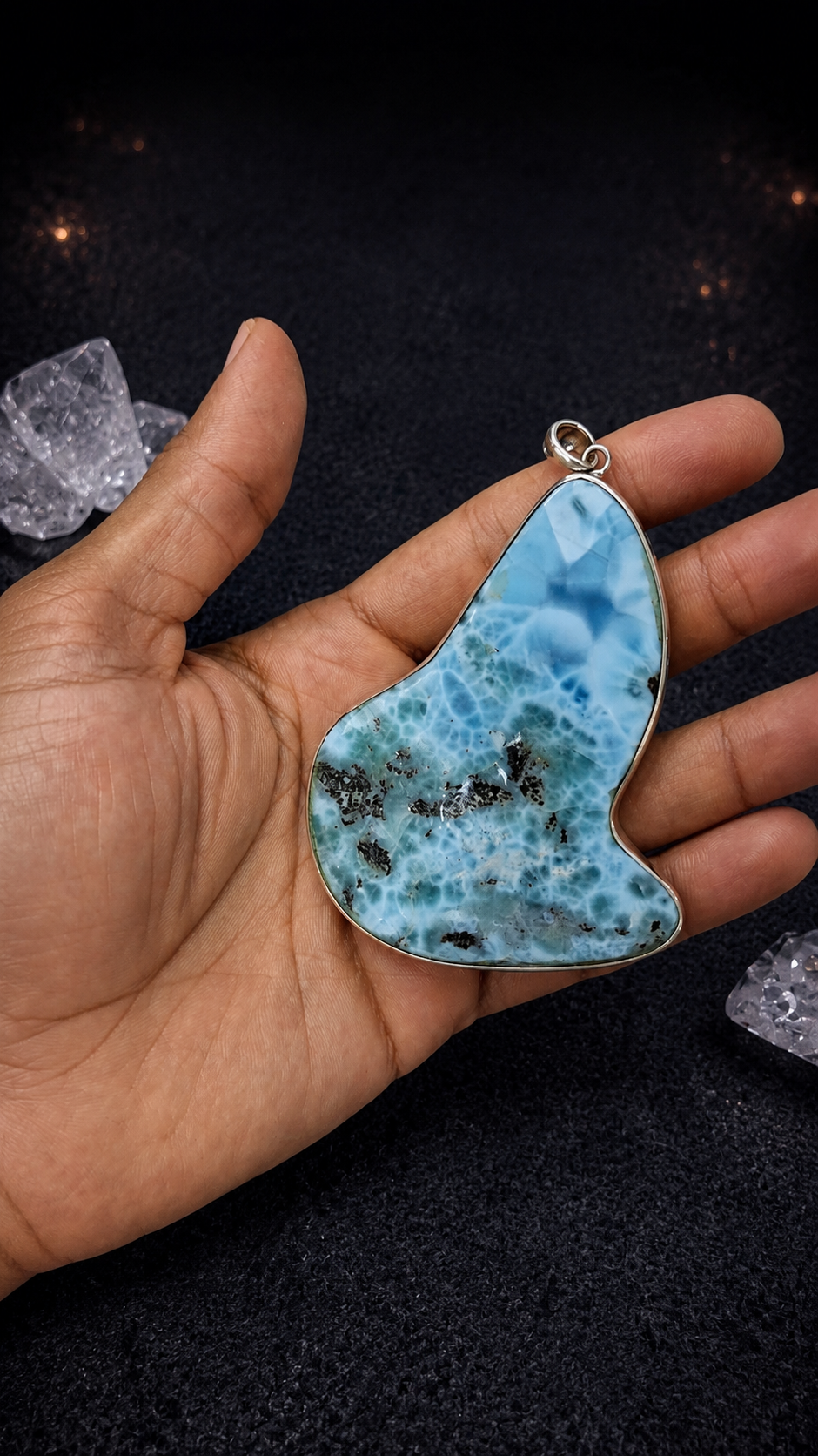 Stunning Larimar Silver Pendant Necklace – AAA Genuine Dominican Blue Crystal Slab Stone for Men & Women
