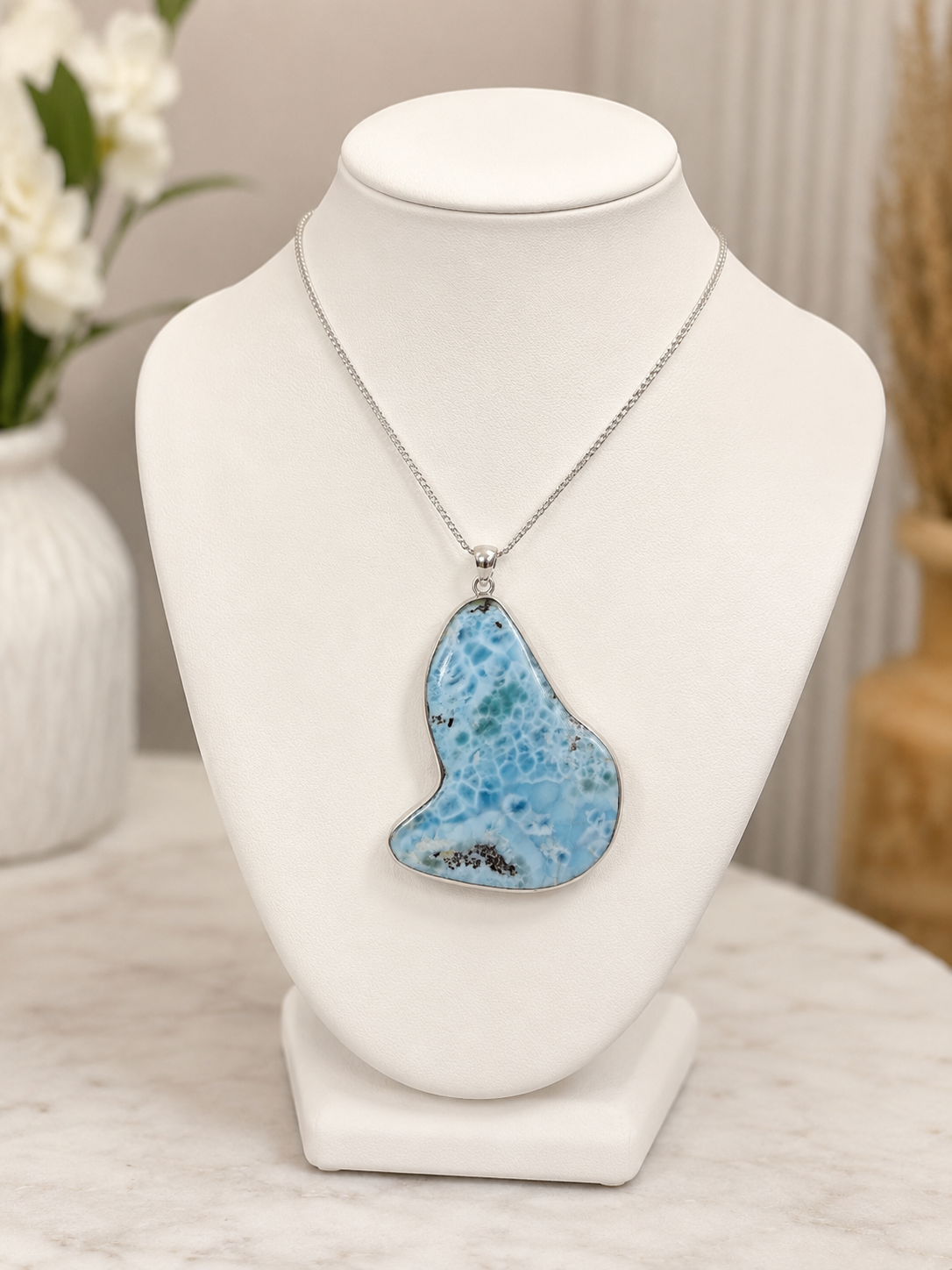Stunning Larimar Silver Pendant Necklace – AAA Genuine Dominican Blue Crystal Slab Stone for Men & Women