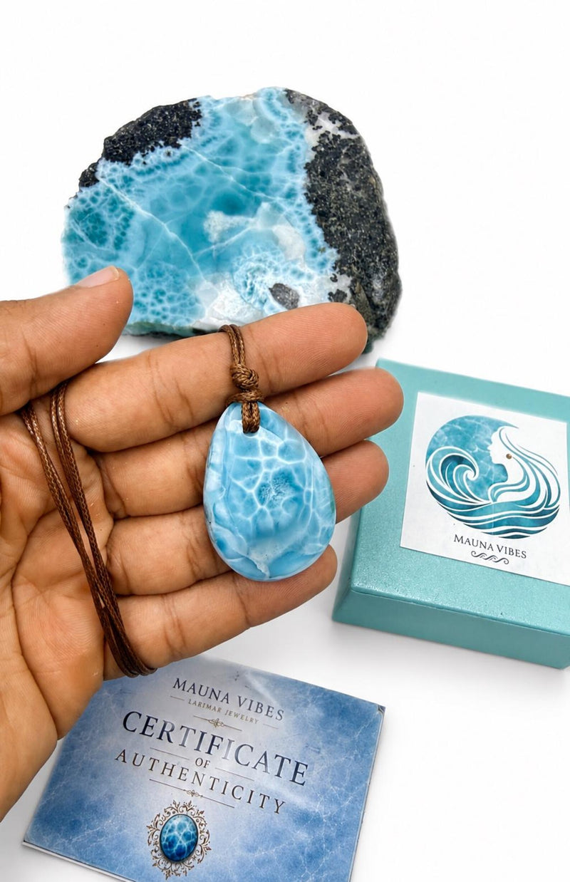 Larimar Cord Necklace, Natural Blue Ocean Stone for Men & Women