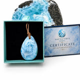 Larimar Cord Necklace, Natural Blue Ocean Stone for Men & Women