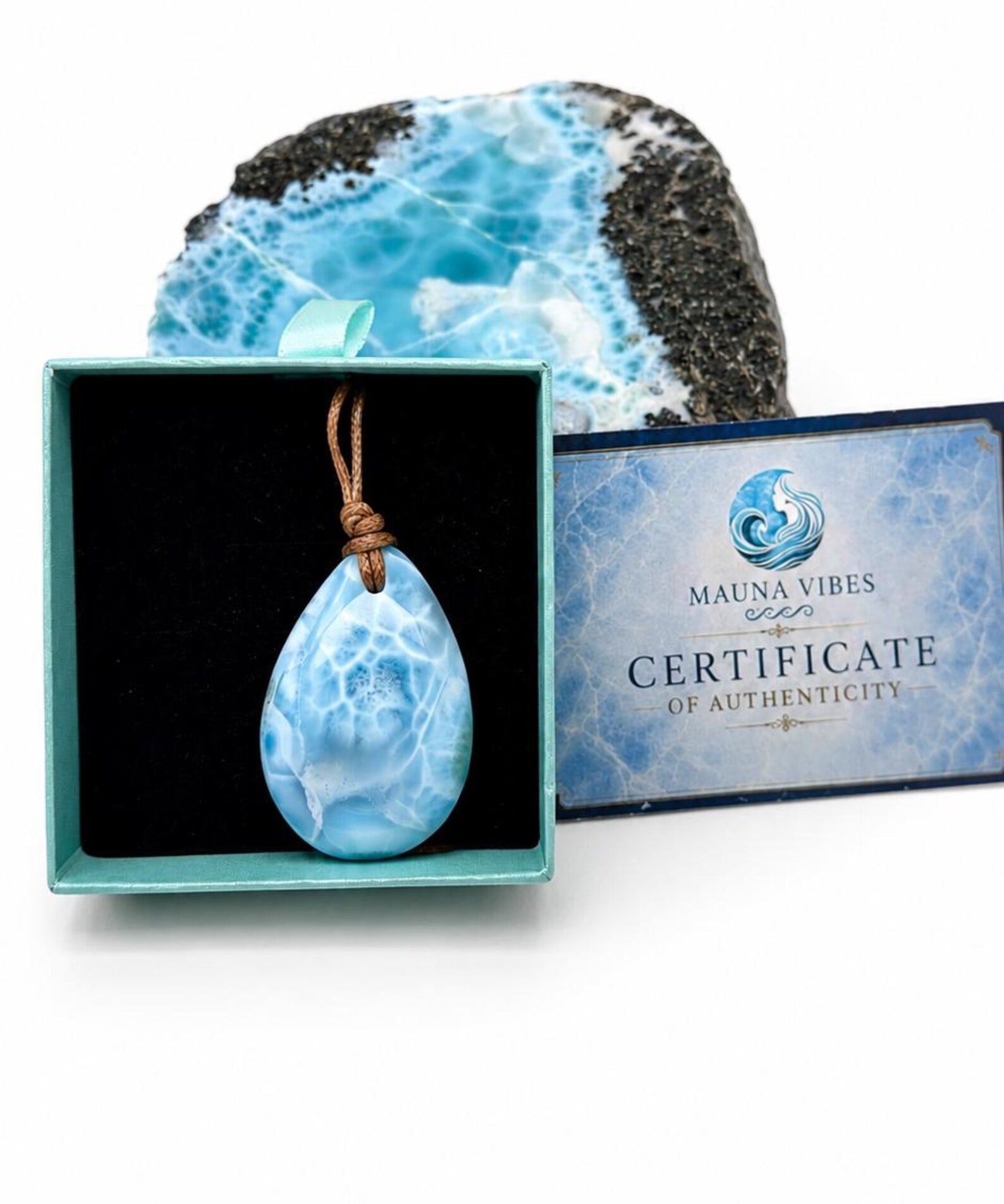 Larimar Cord Necklace, Natural Blue Ocean Stone for Men & Women
