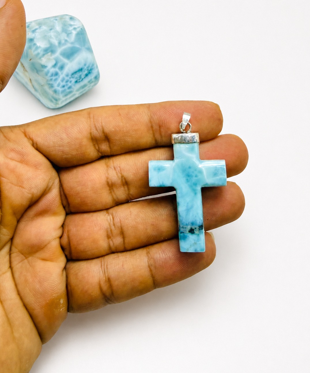 Cross Larimar Pendant- Genuine Dominican Stone Necklace for Men & Women