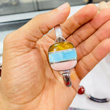 Larimar, Pink Coral & Dominican Amber Sterling Silver Bracelet