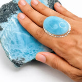 Larimar Adjustable Ring – Large Oval Dominican Blue Gemstone, 925 Sterling Silver