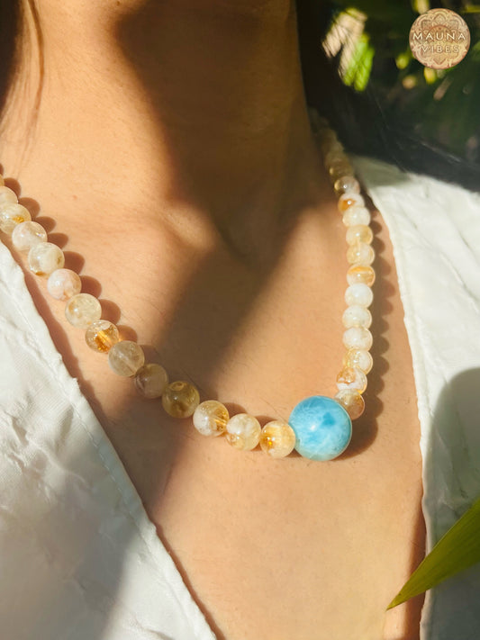 Conjunto de joyas de citrino y larimar: collar, pulsera o pendientes. Piedras curativas espirituales para la esperanza, la paz y el amor. Colección Stella Maris.