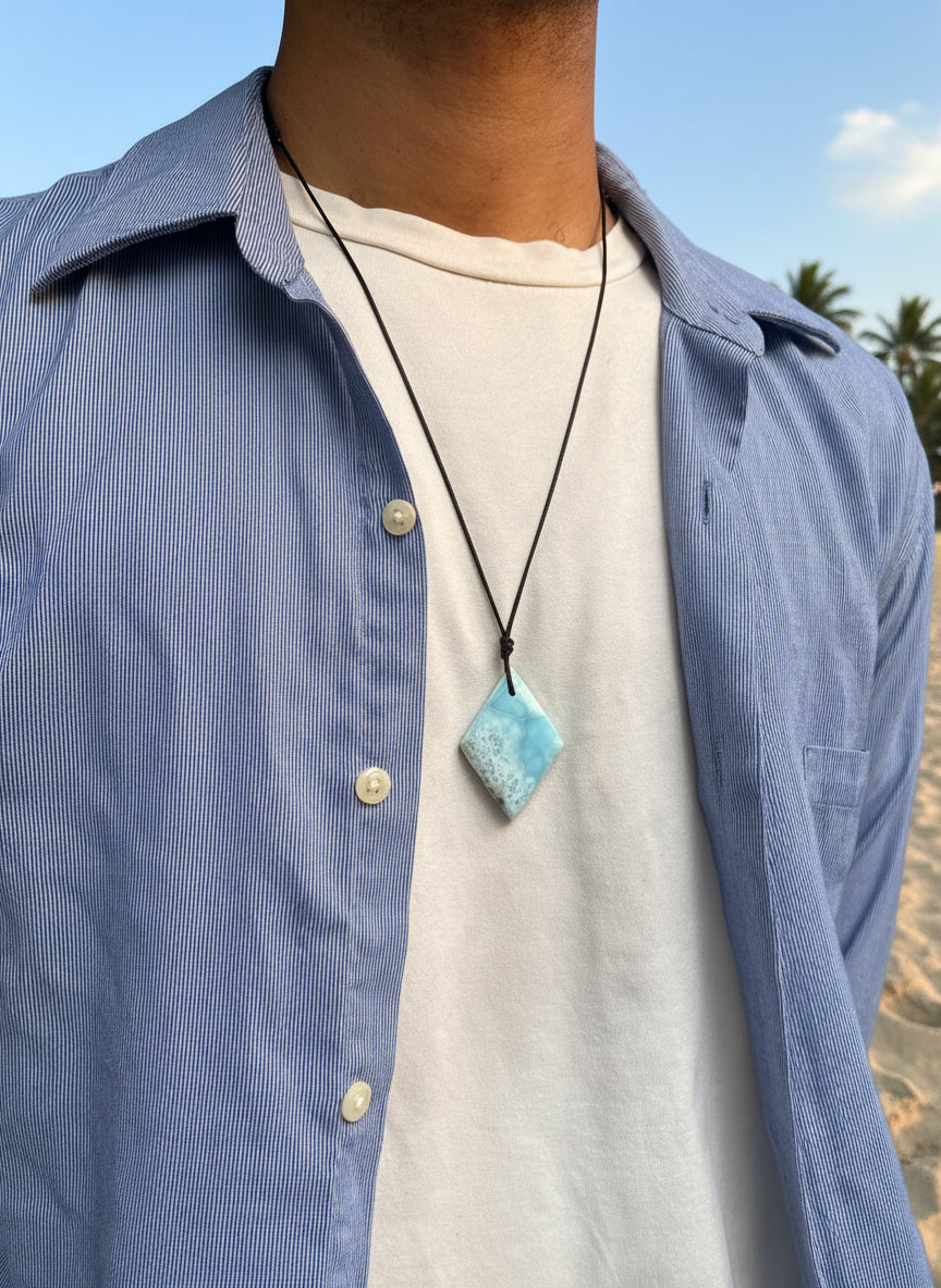 Larimar Diamond-Shaped Pendant Necklace – Genuine Blue Crystal on Adjustable Rope For Men and Women.