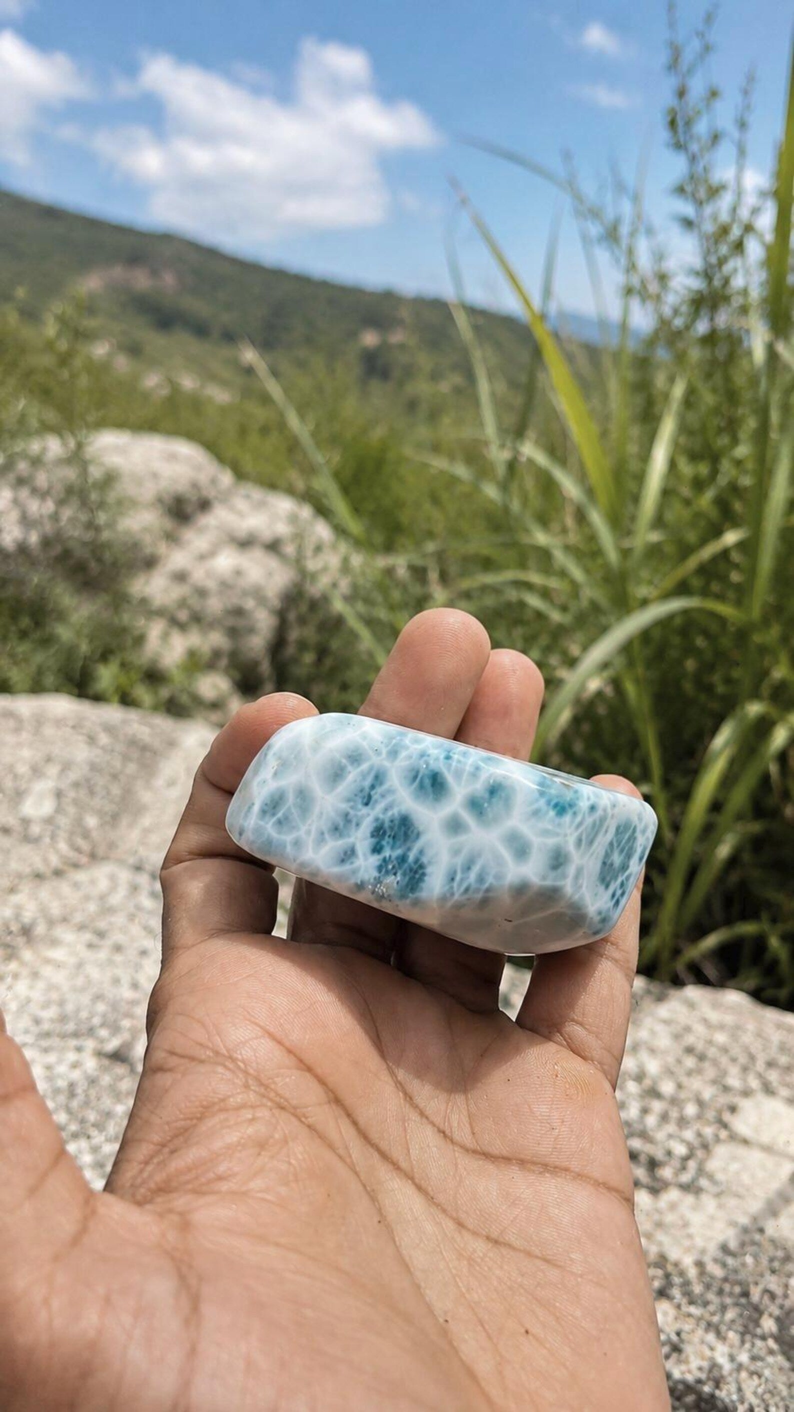 One of a kind Dominican Larimar freeform specimen, front view, for collectors, Mauna Vibes