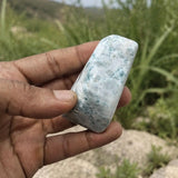 One of a kind Dominican Larimar freeform specimen, angled view, for collectors, Mauna Vibes