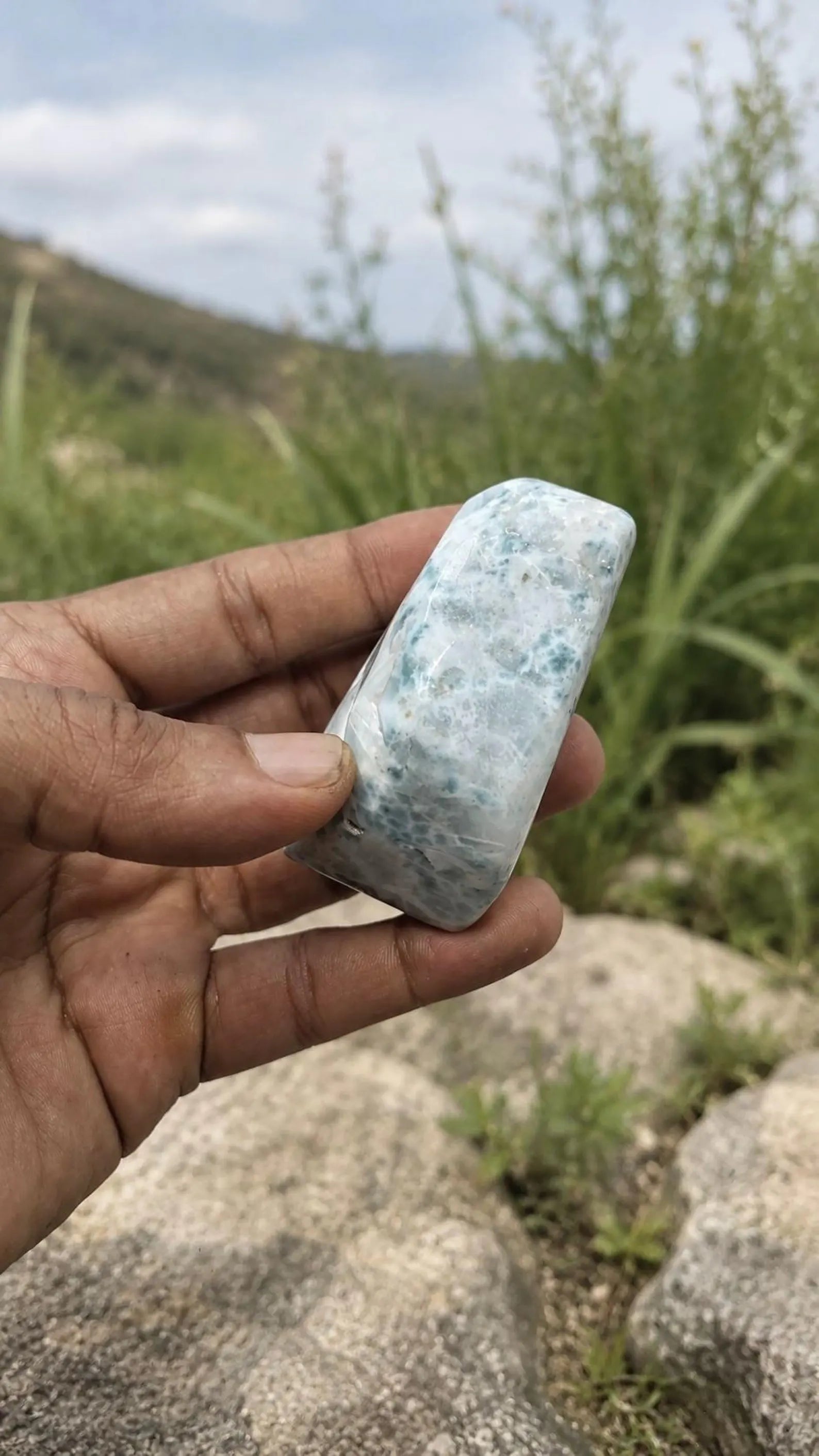 One of a kind Dominican Larimar freeform specimen, angled view, for collectors, Mauna Vibes