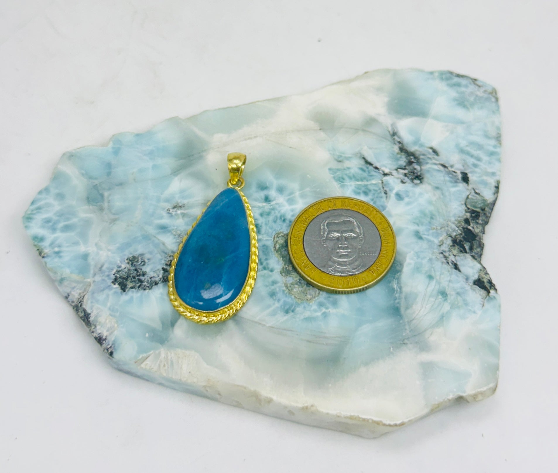 Collector grade Dominican Larimar pendant in gold, additional view, for everyday wear, Mauna Vibes
