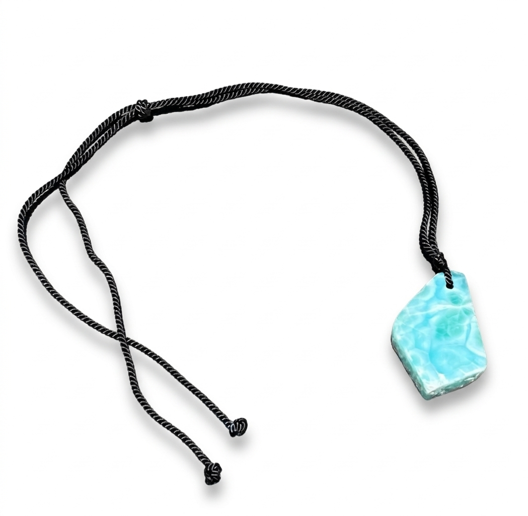AAA Larimar Slab Necklace, Dominican Blue Crystal, Adjustable Black Cord for men & women