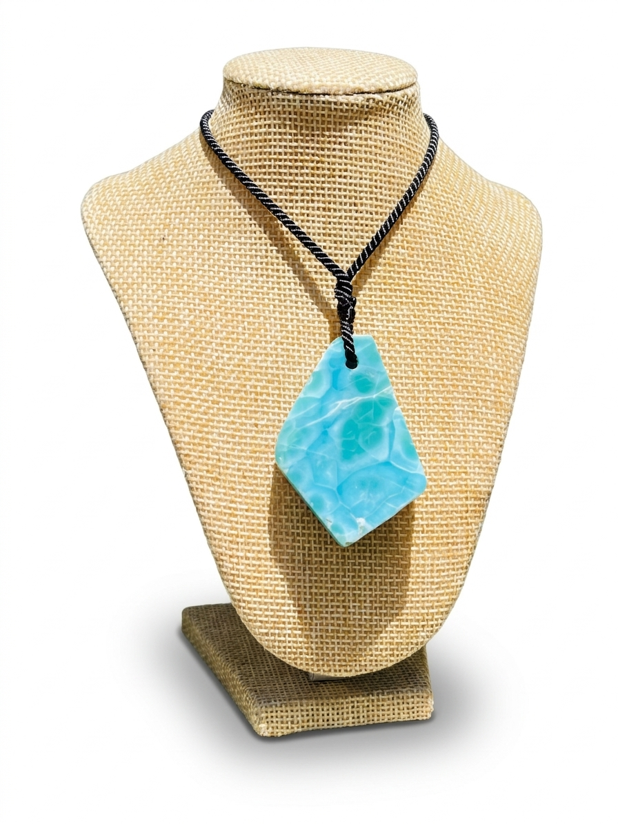 AAA Larimar Slab Necklace, Dominican Blue Crystal, Adjustable Black Cord for men & women