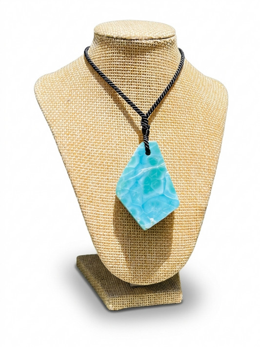 AAA Larimar Slab Necklace, Dominican Blue Crystal, Adjustable Black Cord for men & women