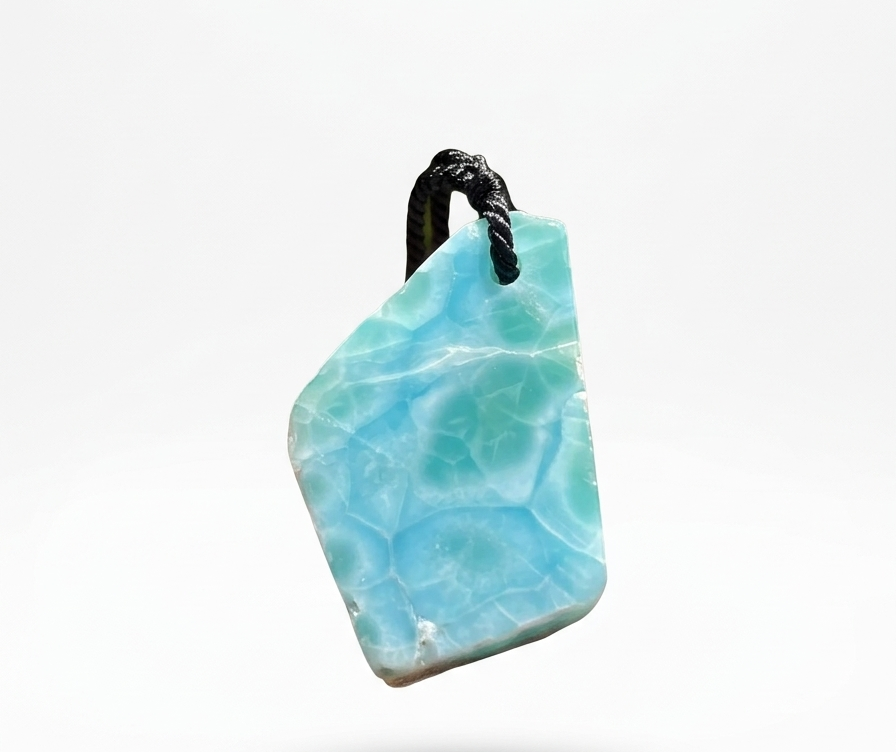 Turquoise larimar pendant on a white background