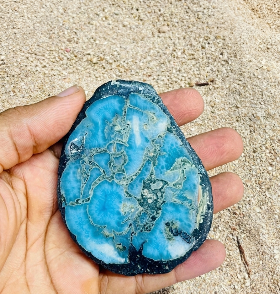 Hand holding a blue and black stone with a textured surface on a sandy background