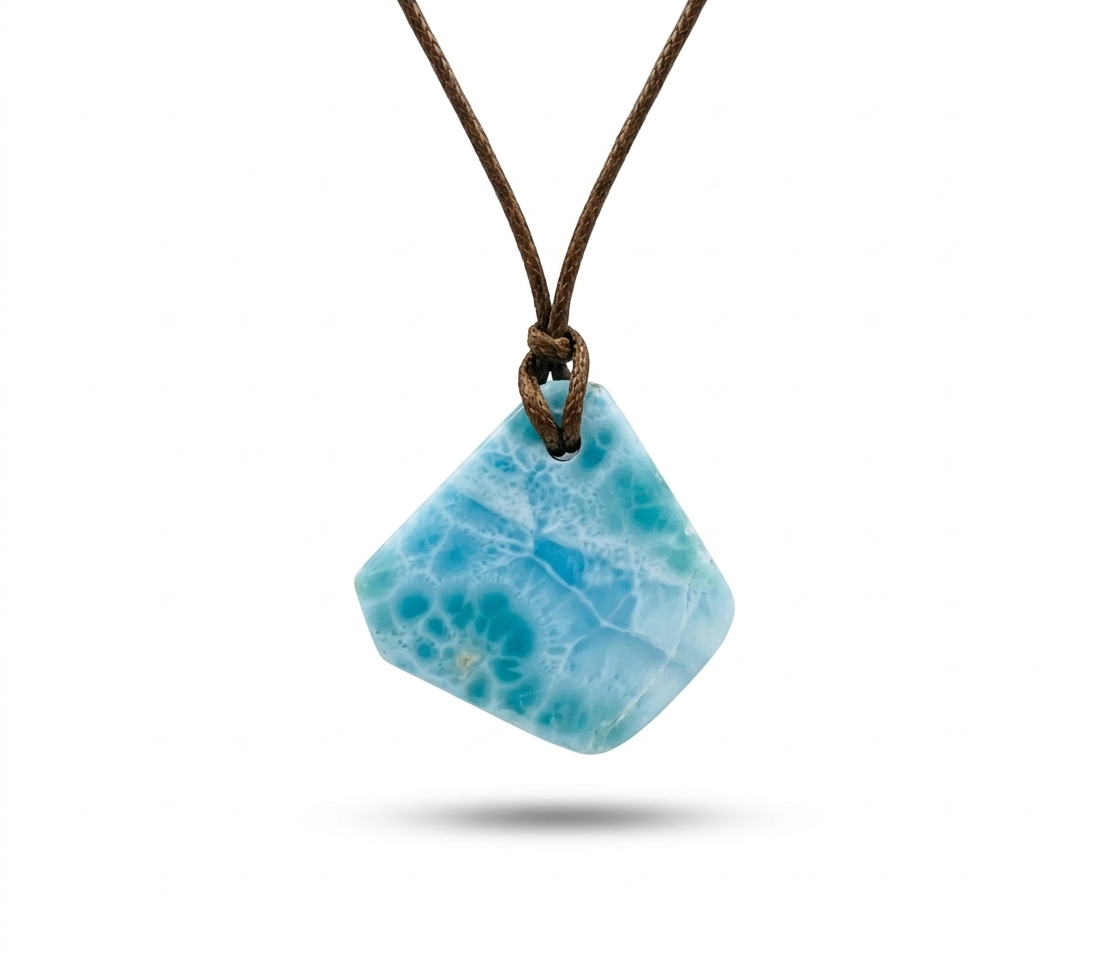 Collar con colgante de larimar en rodajas AAA, piedra preciosa azul dominicana, cuerda ajustable para hombre y mujer