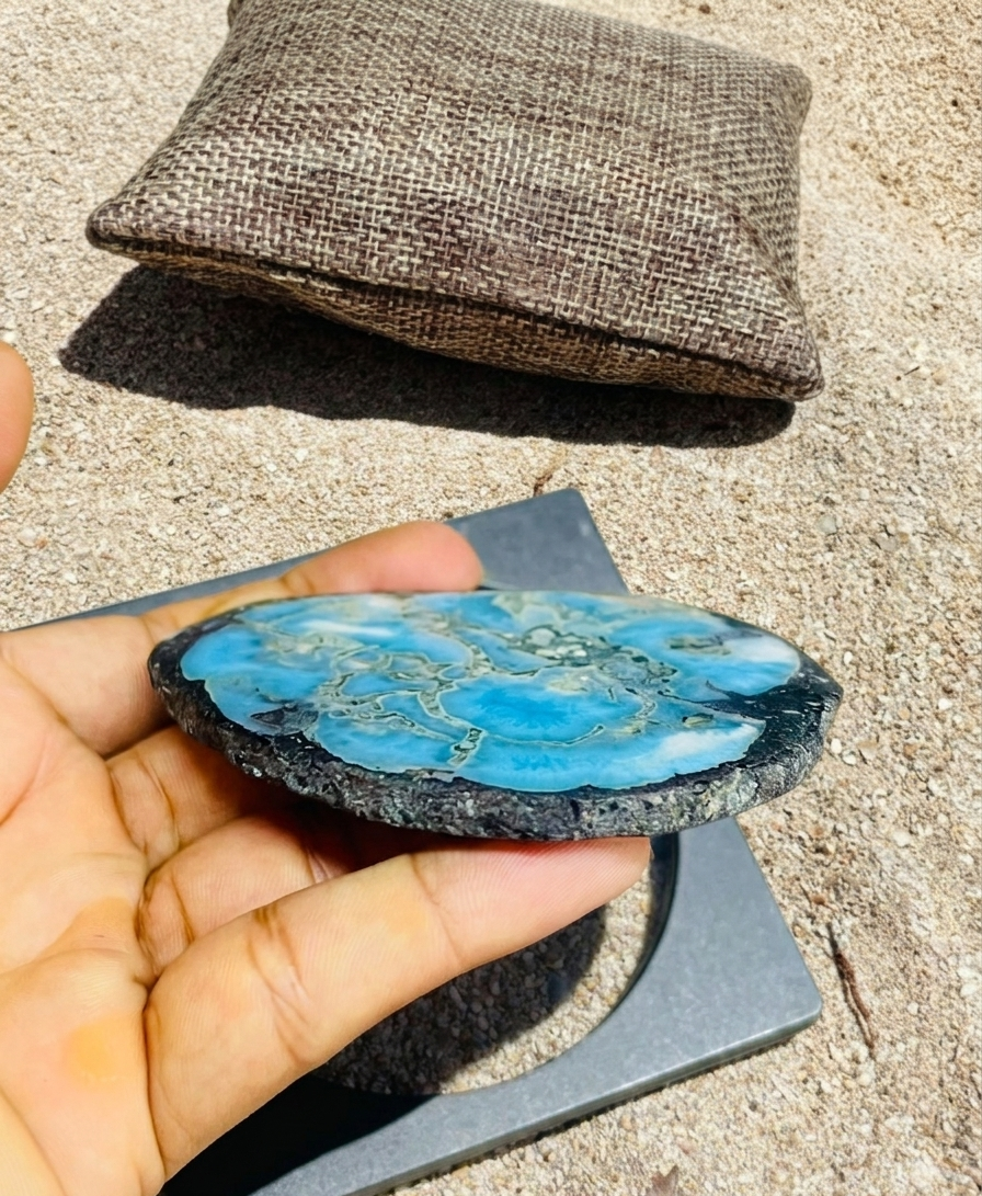 Larimar Stone Slab Specimen – Dominican Blue Crystal, Rare Stone Home Decor Collectors Piece