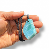 AAA Larimar Slab Necklace, Dominican Blue Crystal, Adjustable Black Cord for men & women
