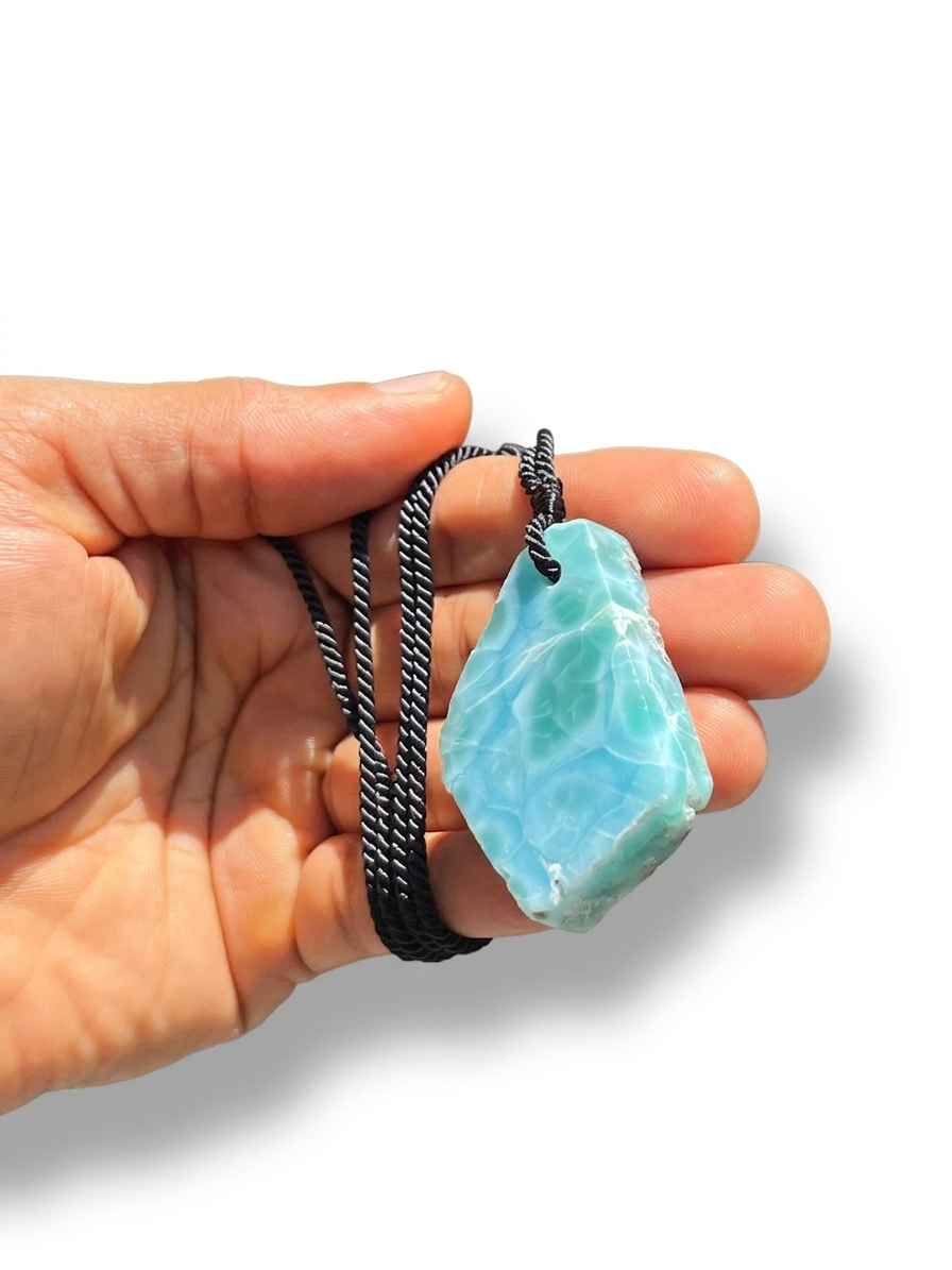AAA Larimar Slab Necklace, Dominican Blue Crystal, Adjustable Black Cord for men & women