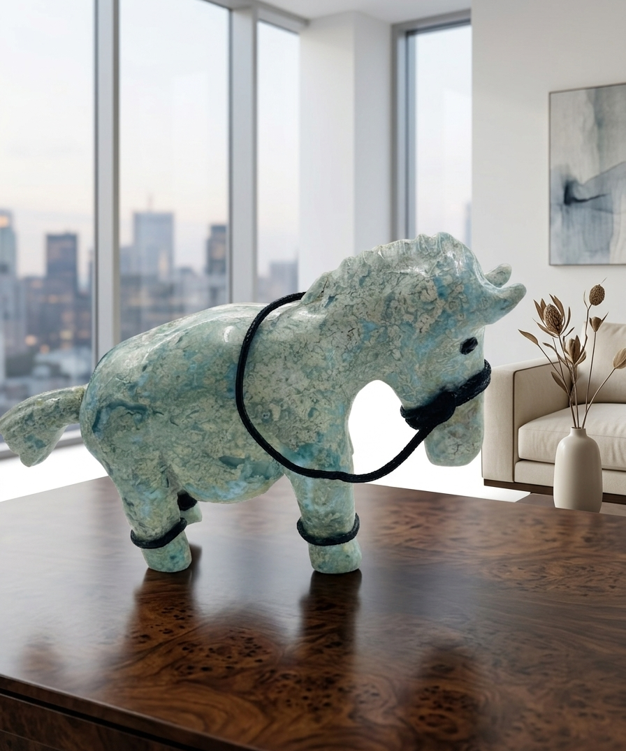 Larimar Donkey Carving – 743g Dominican Blue Stone Sculpture | One of a Kind Collector Piece