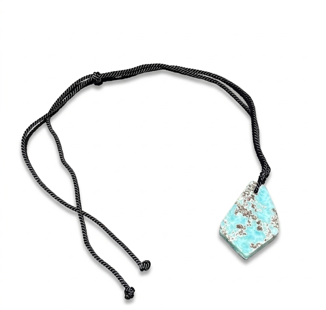 AAA Larimar Slab Necklace, Dominican Blue Crystal, Adjustable Black Cord for men & women