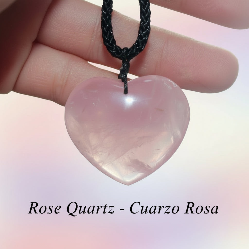 Heart-shaped pink stone pendant on a black cord held by a hand with a blurred natural background.