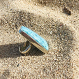 Larimar Ring – Trapezoid Cabochon 925 Sterling Silver Adjustable Statement Jewelry