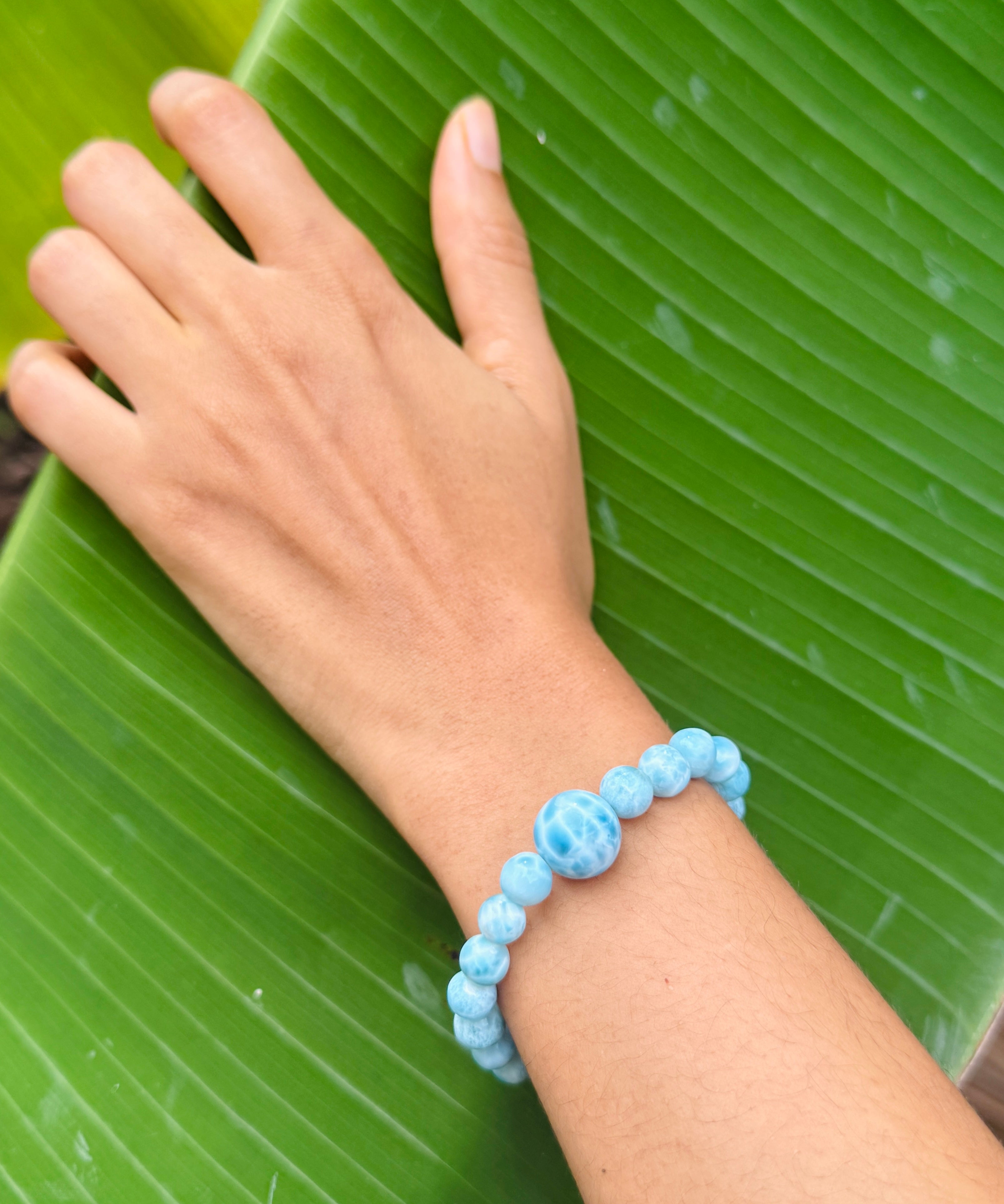 Dominican Larimar bracelet, angled view, for everyday wear, Mauna Vibes