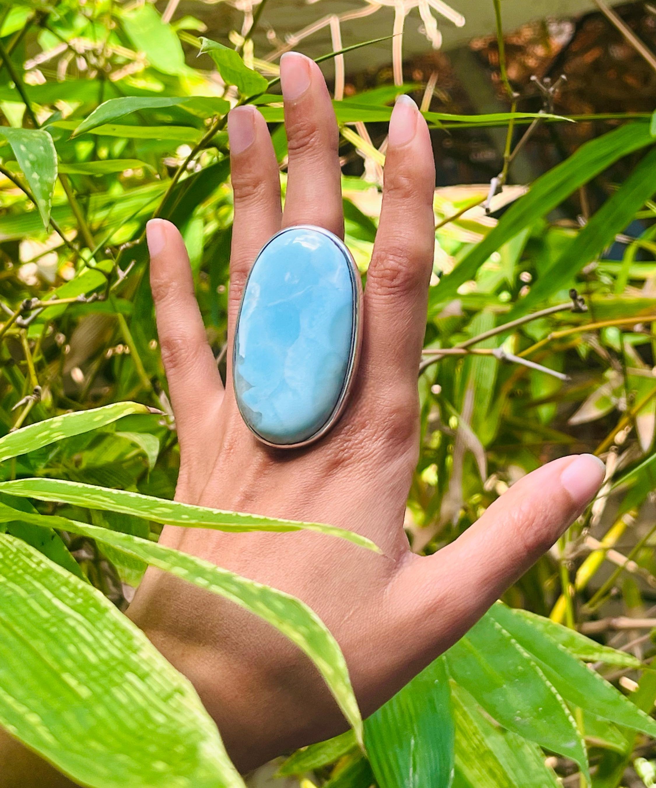 Larimar Statement Ring – Large Oval 925 Sterling Silver Jewelry
