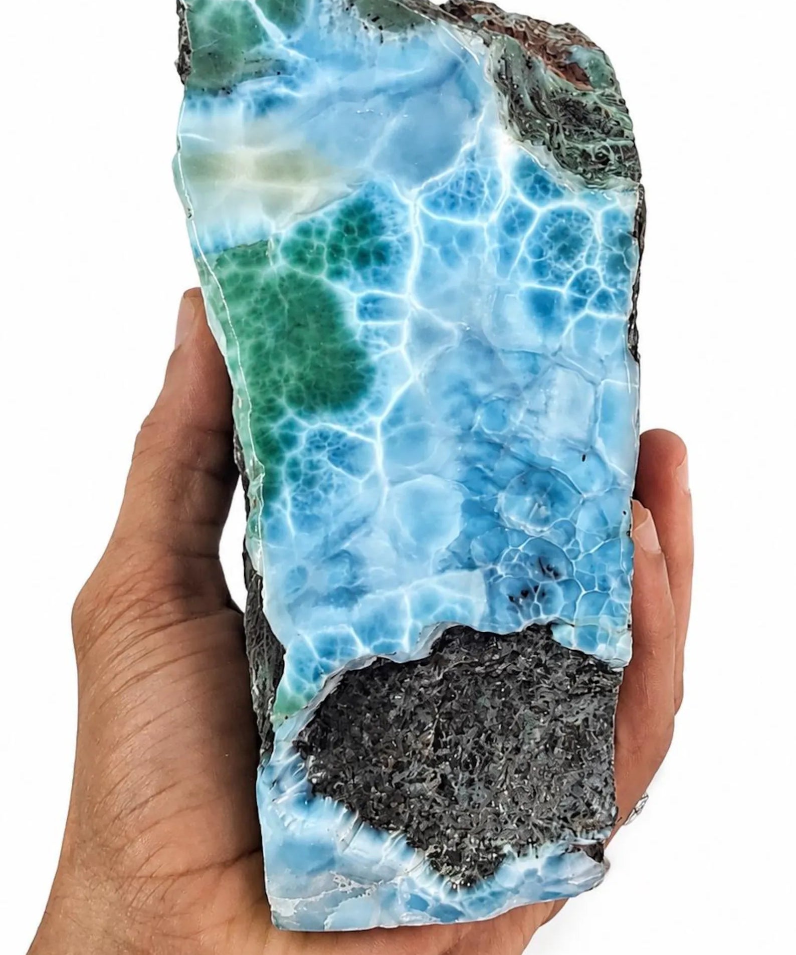 Museum grade Dominican Larimar specimen, front view, for collectors, Mauna Vibes