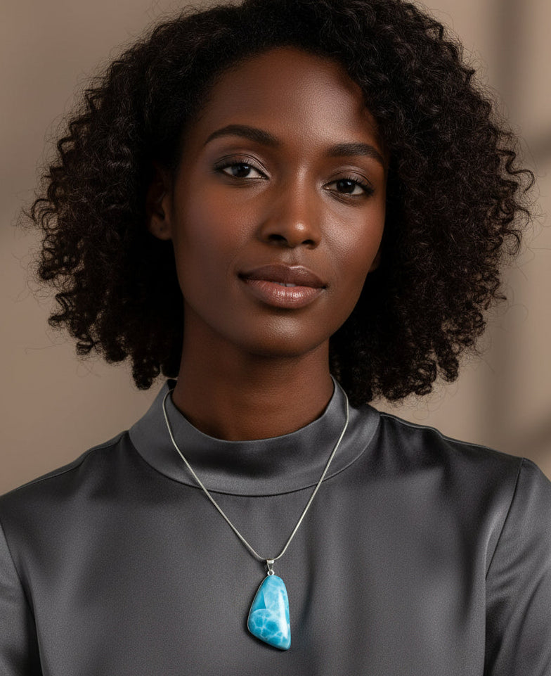 Larimar AAA Exclusive Deep Blue Azul Aqua Pendant, Fully Covered in 925 Sterling Silver