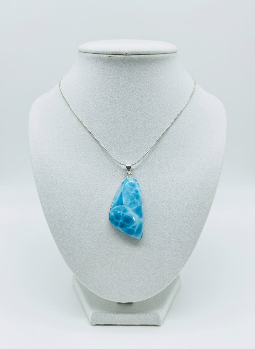 Larimar AAA Exclusive Deep Blue Azul Aqua Pendant, Fully Covered in 925 Sterling Silver