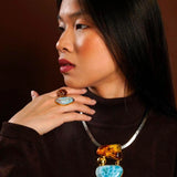 Larimar & Amber Double Stone Ring — Adjustable 925 Sterling Silver Jewelry Gift