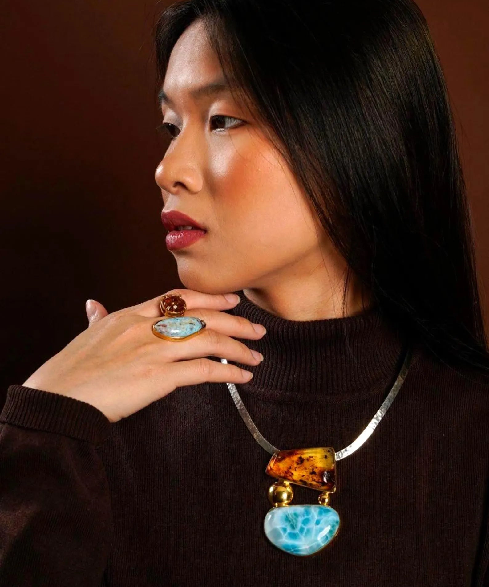 Larimar & Amber Double Stone Ring — Adjustable 925 Sterling Silver Jewelry Gift