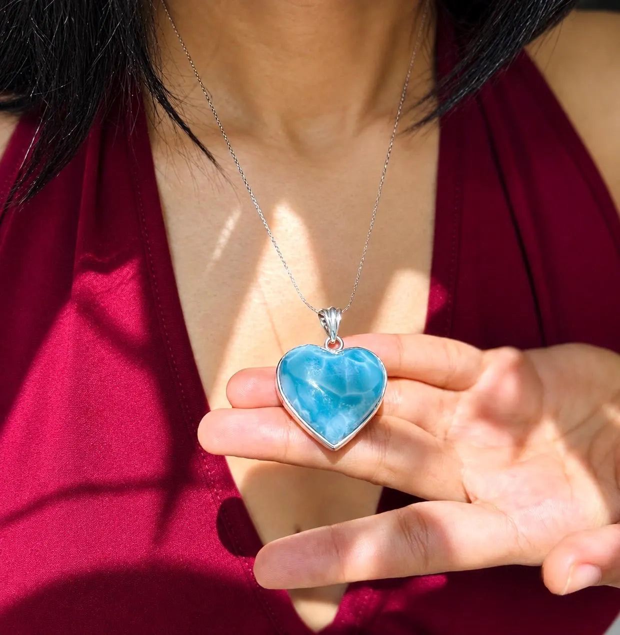 A Larimar silver heart-shaped pendant necklace 