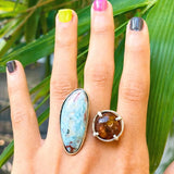 Larimar & Amber Double Stone Ring — Adjustable 925 Sterling Silver Jewelry Gift