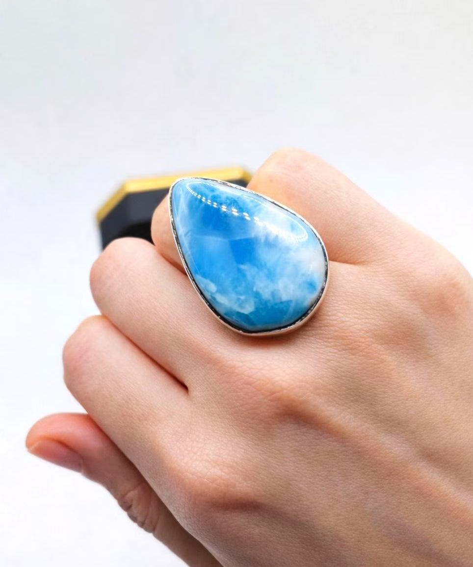 AAA Grade Blauer Larimar Ring – 925 Sterling Silber, Verstellbar (Kopie)