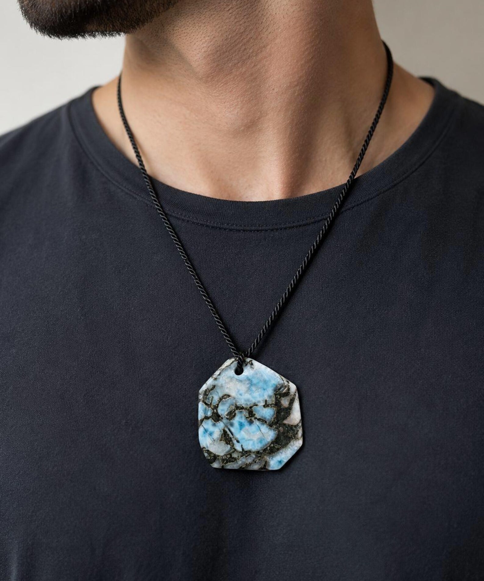 Man waering Larimar Necklace on adjustable Cord for Men & Women